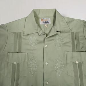 Vintage Guayabera Shirt Ramirez 42 L French Silk Sage Green Cuban Style